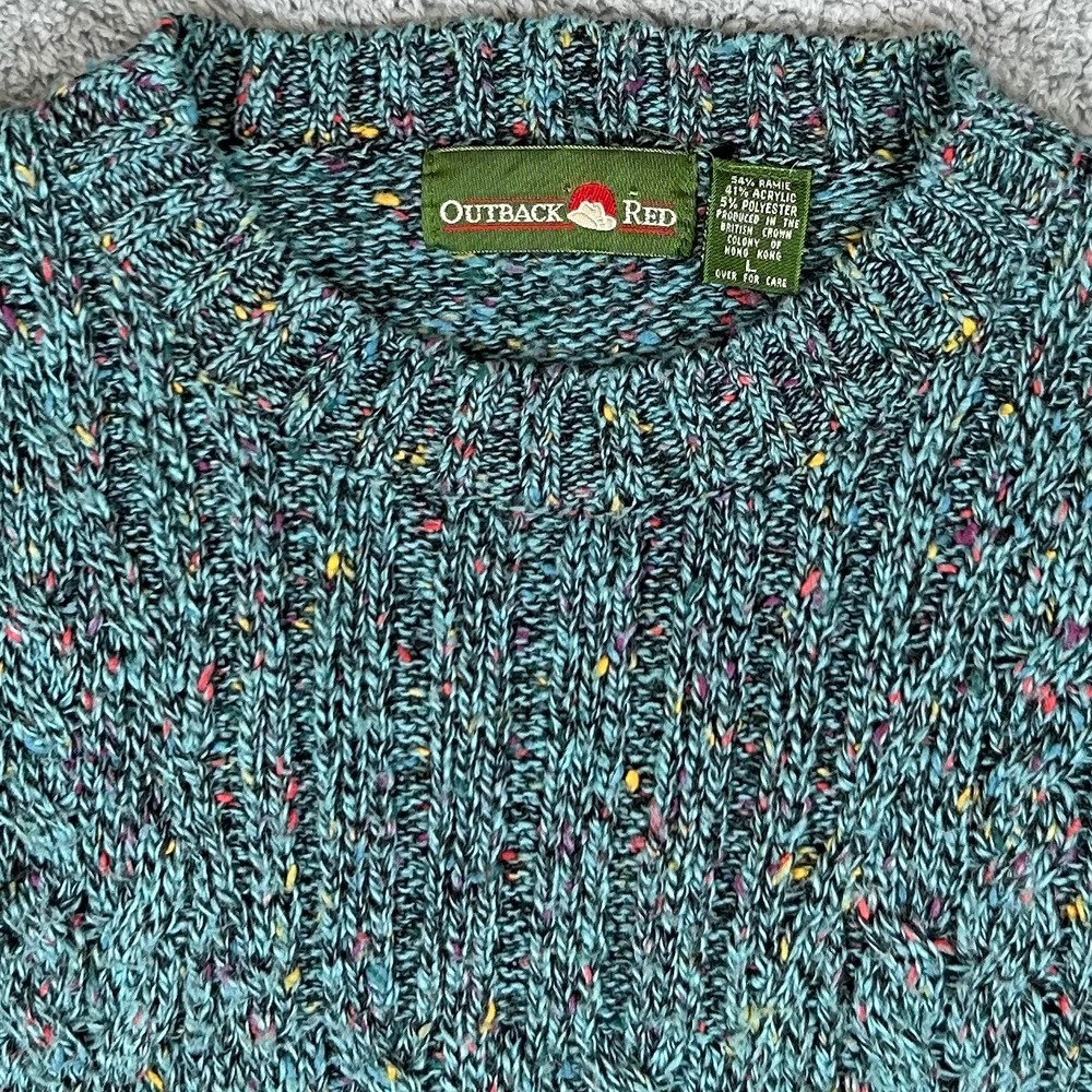 Outback Red Vintage Teal Confetti Cable Knit Crewneck Sweater Womens Large